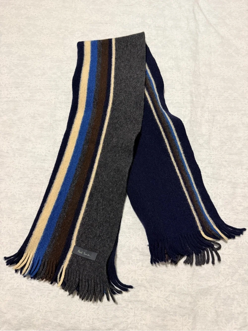 Paul Smith Men’s 100% Wool Striped Scarf Navy Gray Blue Brown Cream Fringe